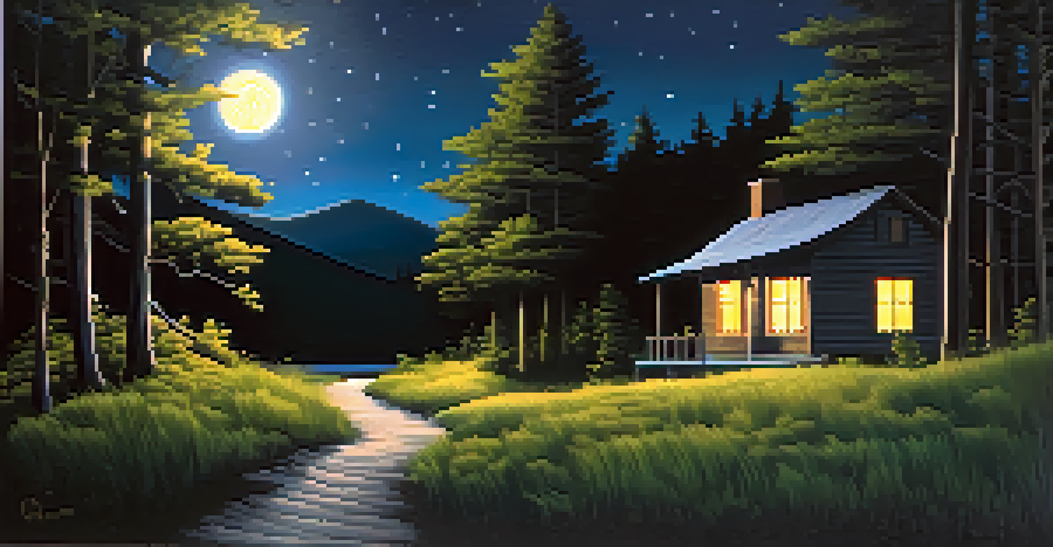 A winding forest path illuminated by a full moon, leading to a distant cabin, symbolizing hope and freedom.