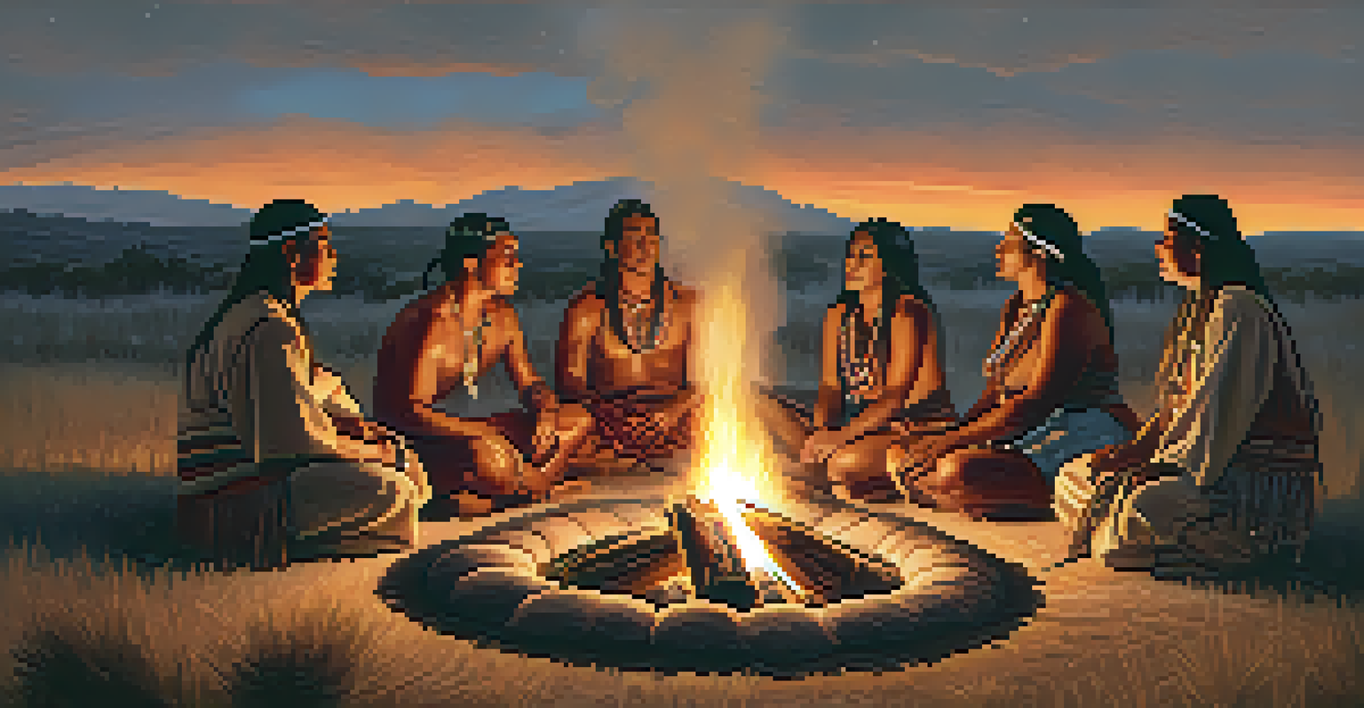 Participants in a Native American sweat lodge ceremony seated in a circle around a fire, with warm lighting and smoke.
