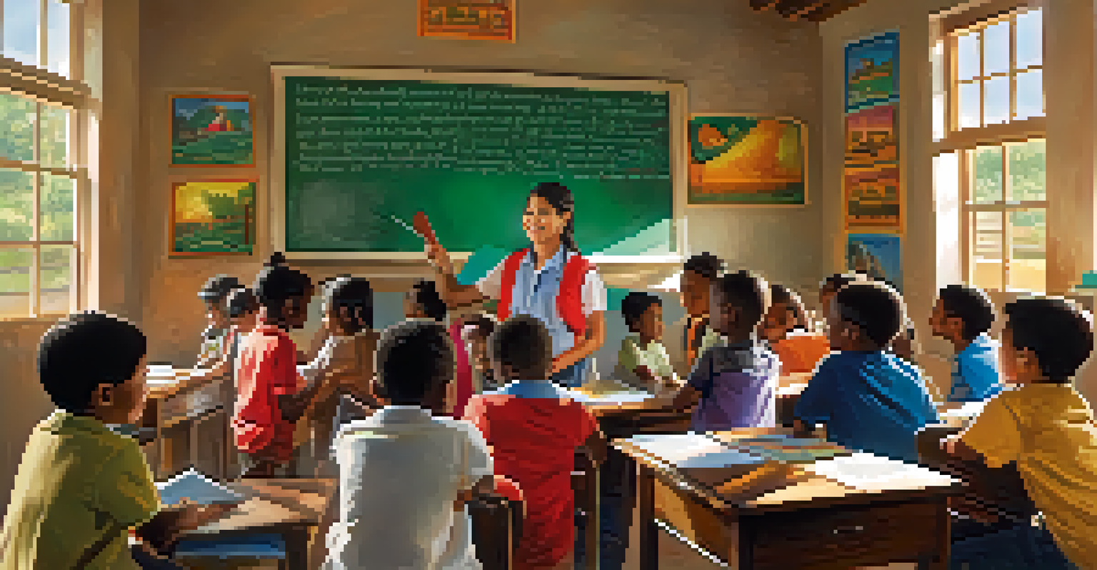 A traveler teaching local children in a vibrant classroom filled with educational materials and sunlight.