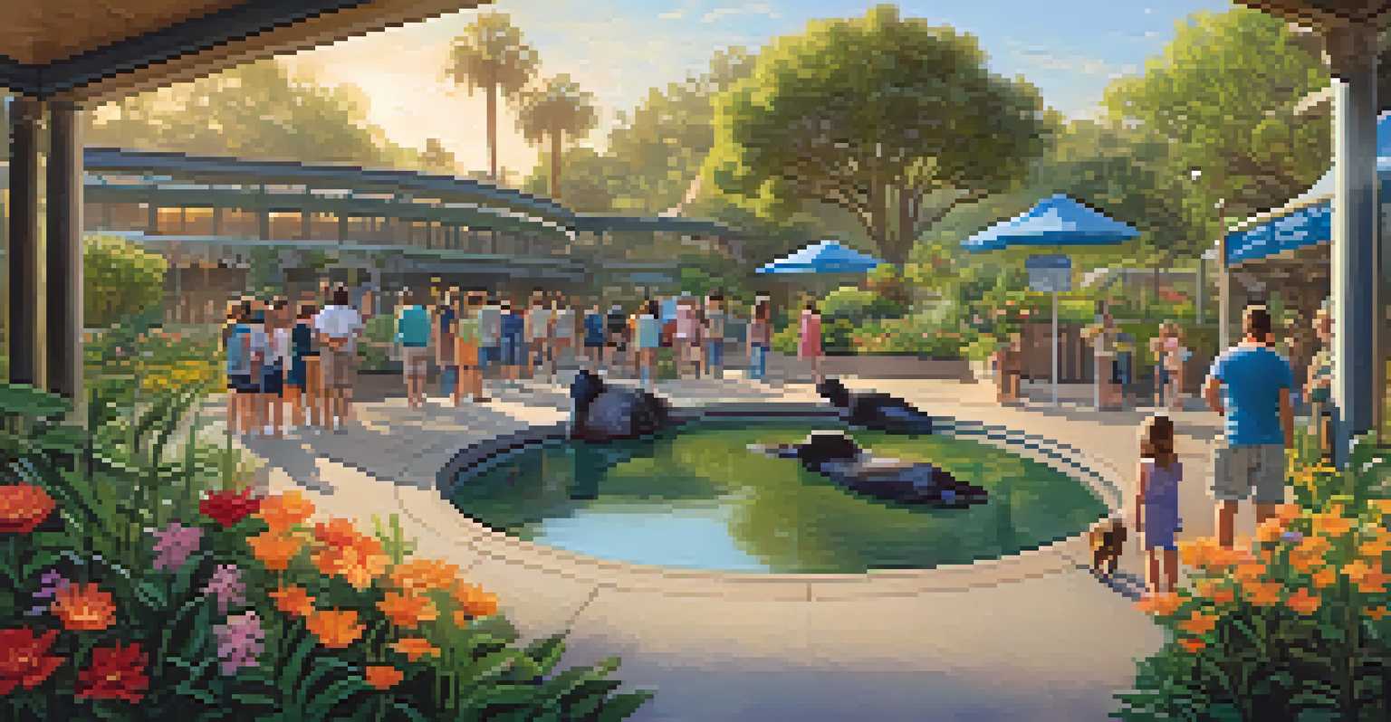 Families exploring the Los Angeles Zoo, with children observing a playful sea otter among lush greenery.