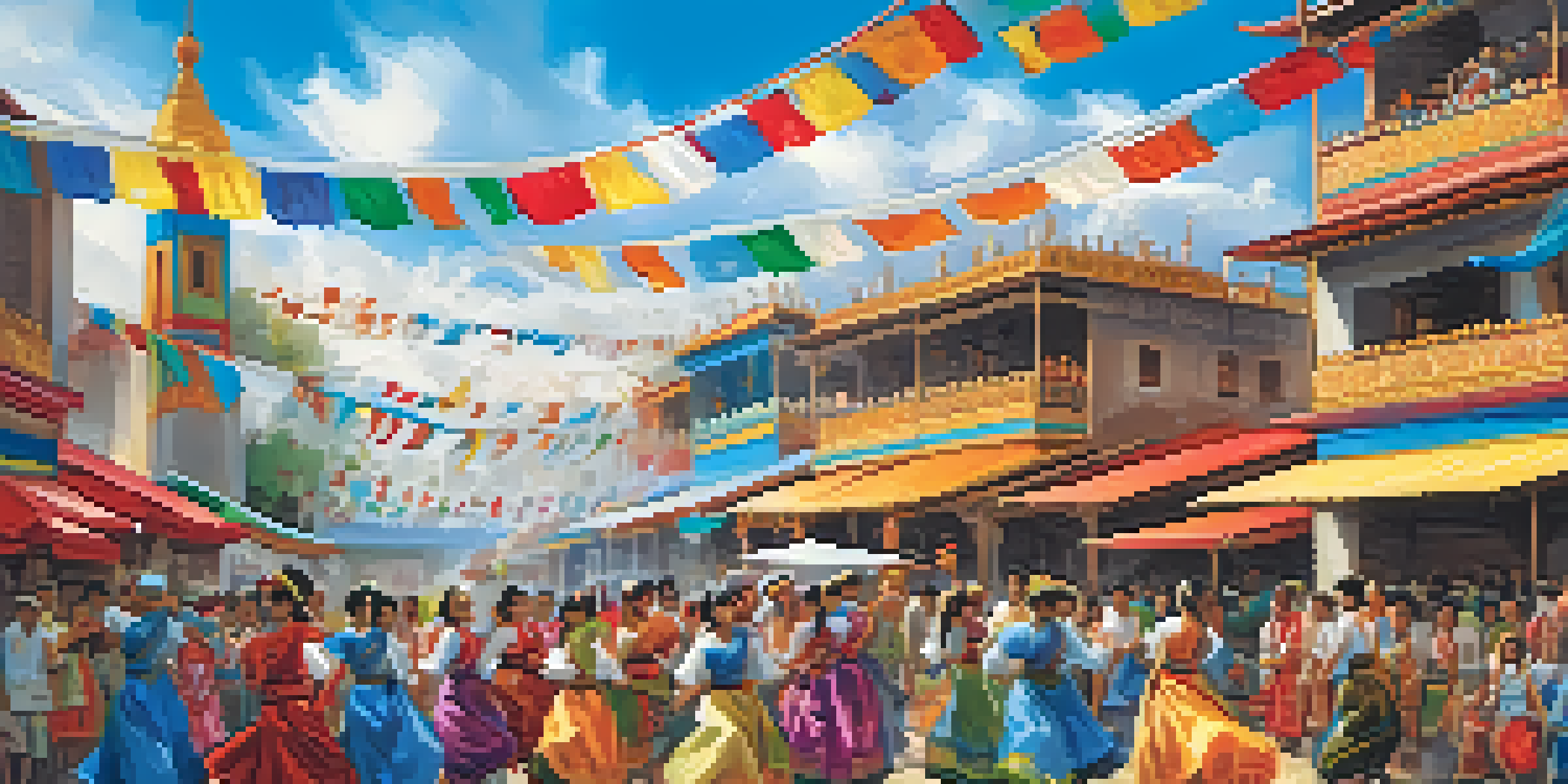 A lively festival with dancers in traditional clothing, colorful decorations, and historical buildings in the background, celebrating cultural heritage.
