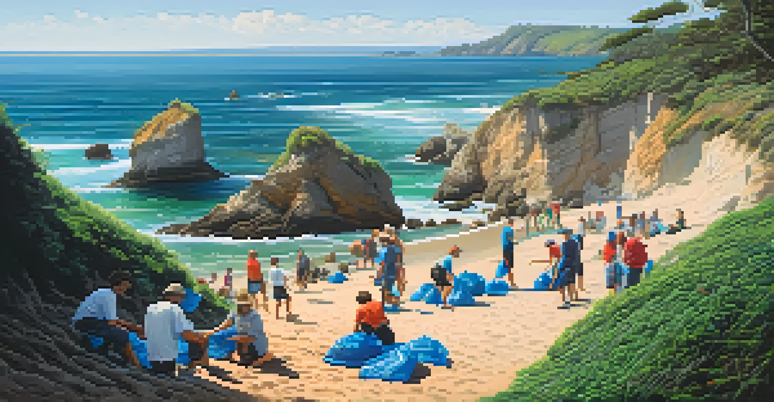 Travelers cleaning a beach, surrounded by a beautiful ocean view and cliffs, emphasizing environmental awareness.