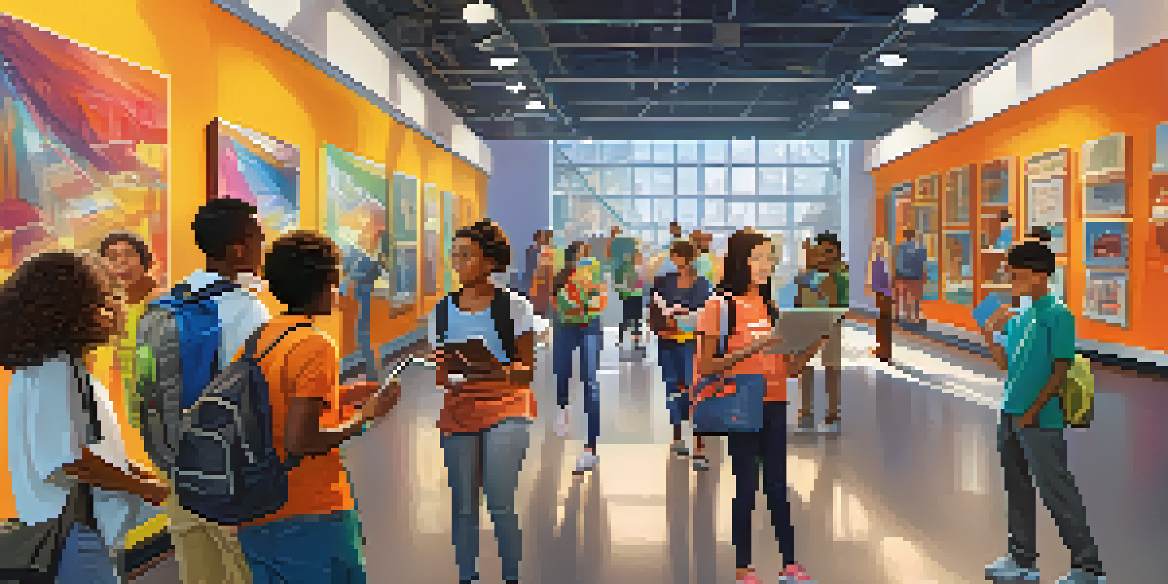 A diverse group of students working together on a scavenger hunt in a colorful science museum, filled with interactive displays.