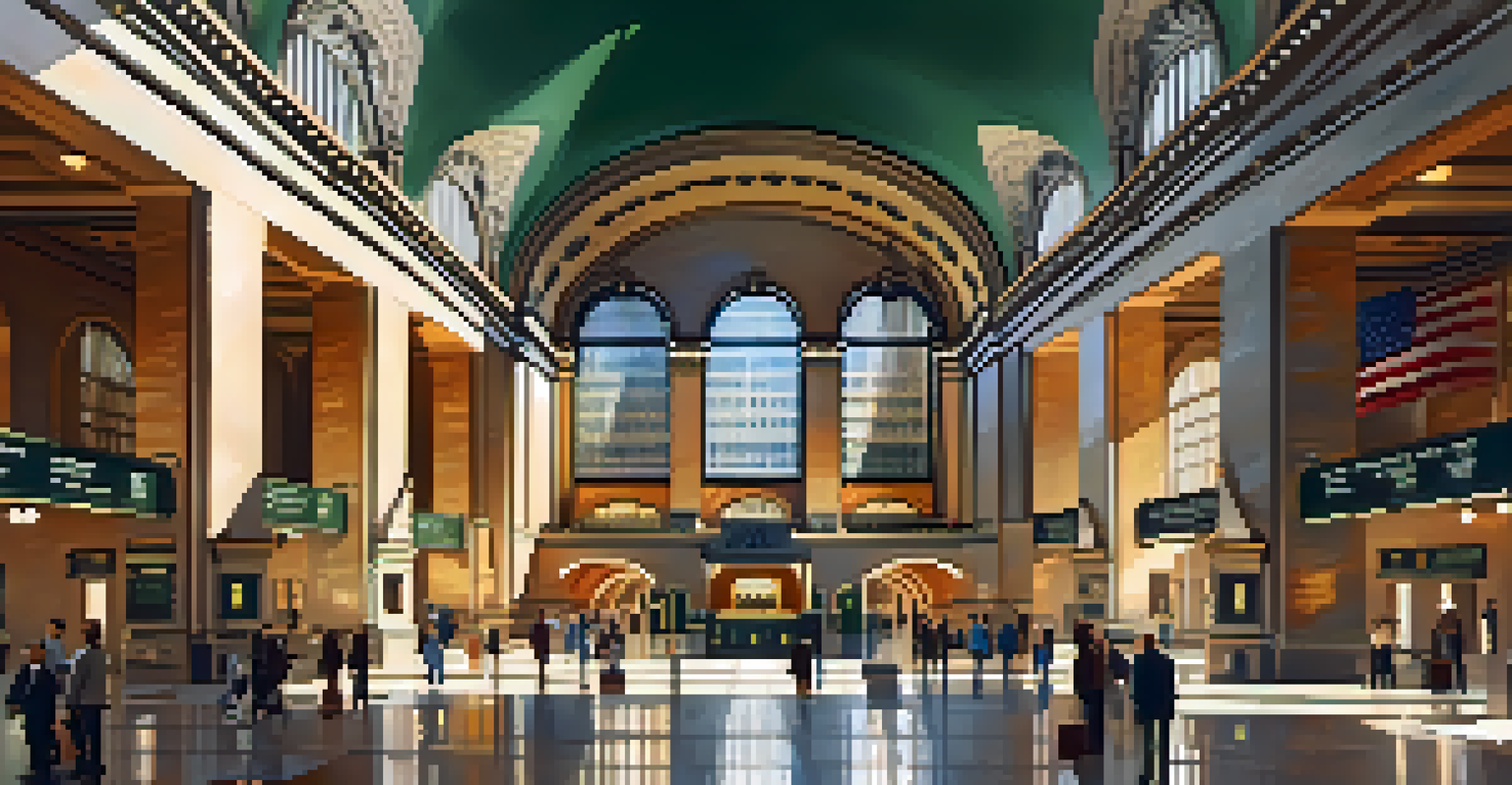 A grand historic train station interior featuring arched ceilings, ornate chandeliers, and travelers, illuminated by sunlight streaming through large windows.