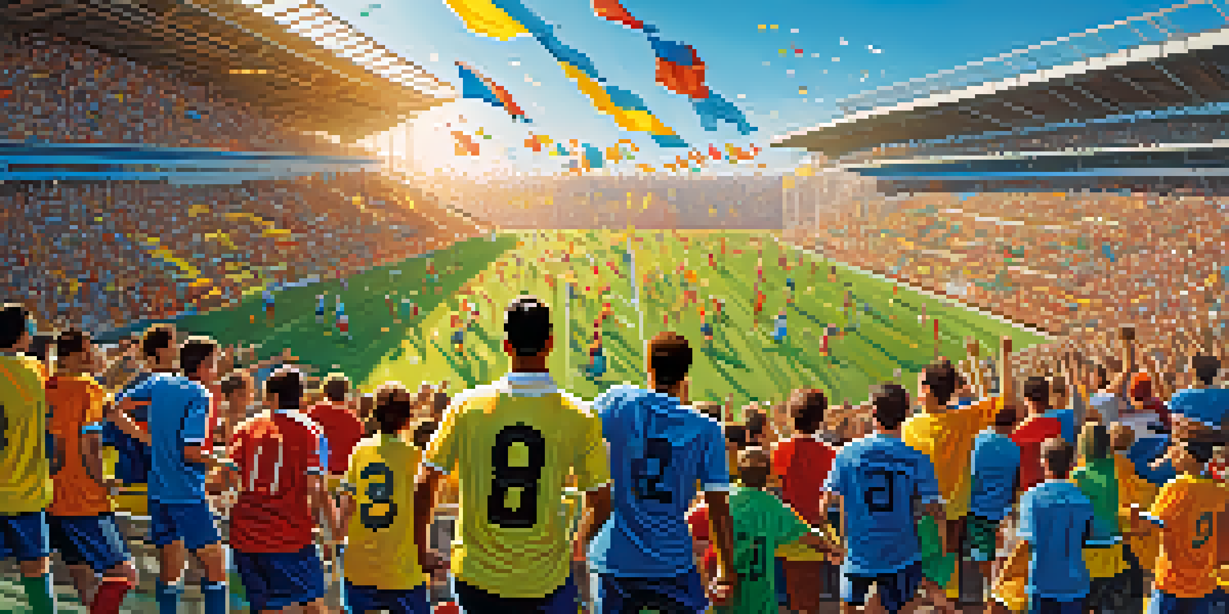 A lively local soccer match with fans in colorful jerseys cheering, players on the field, and bright sunlight.