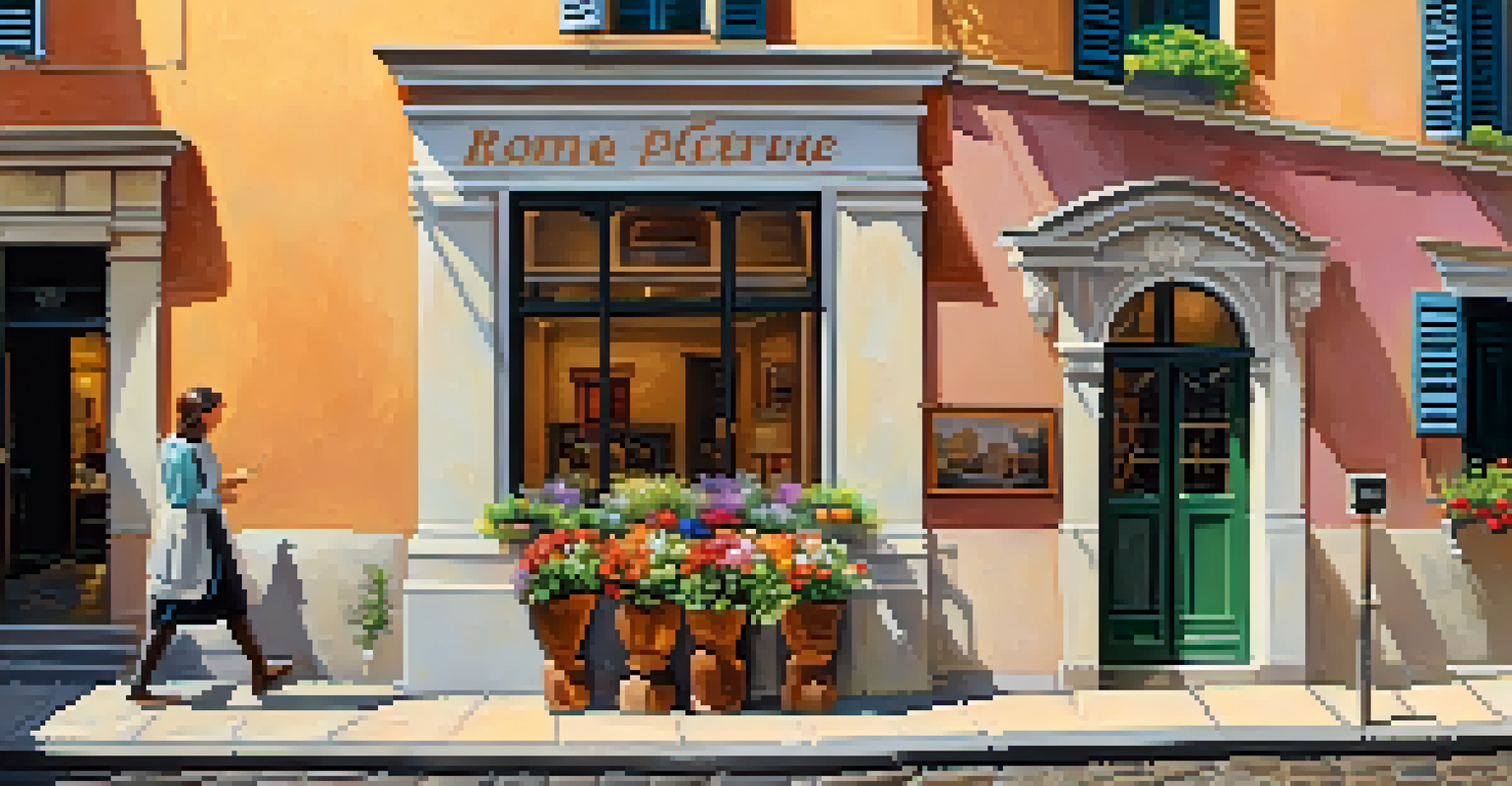 Charming gallery entrance in Rome surrounded by flowers, with a couple discussing art outside on a sunny afternoon.