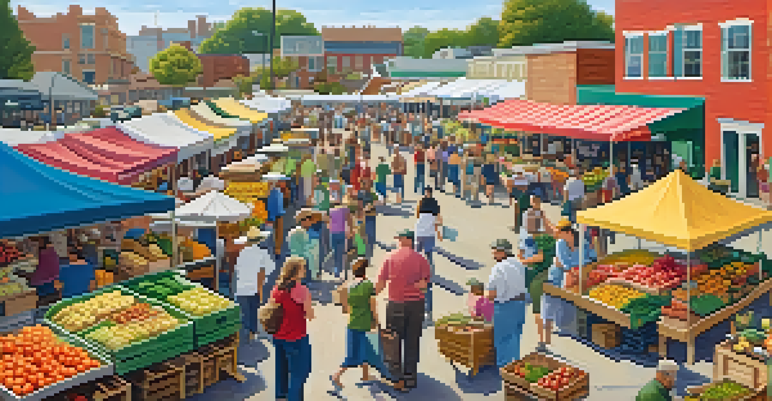 A bustling farmers' market with colorful stalls, fresh produce, and farmers interacting with customers.