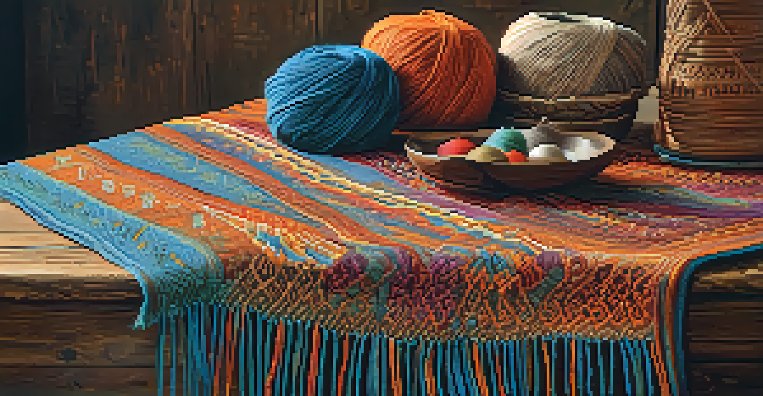 A close-up view of a handwoven shawl showcasing intricate patterns and vibrant colors on a rustic wooden table.