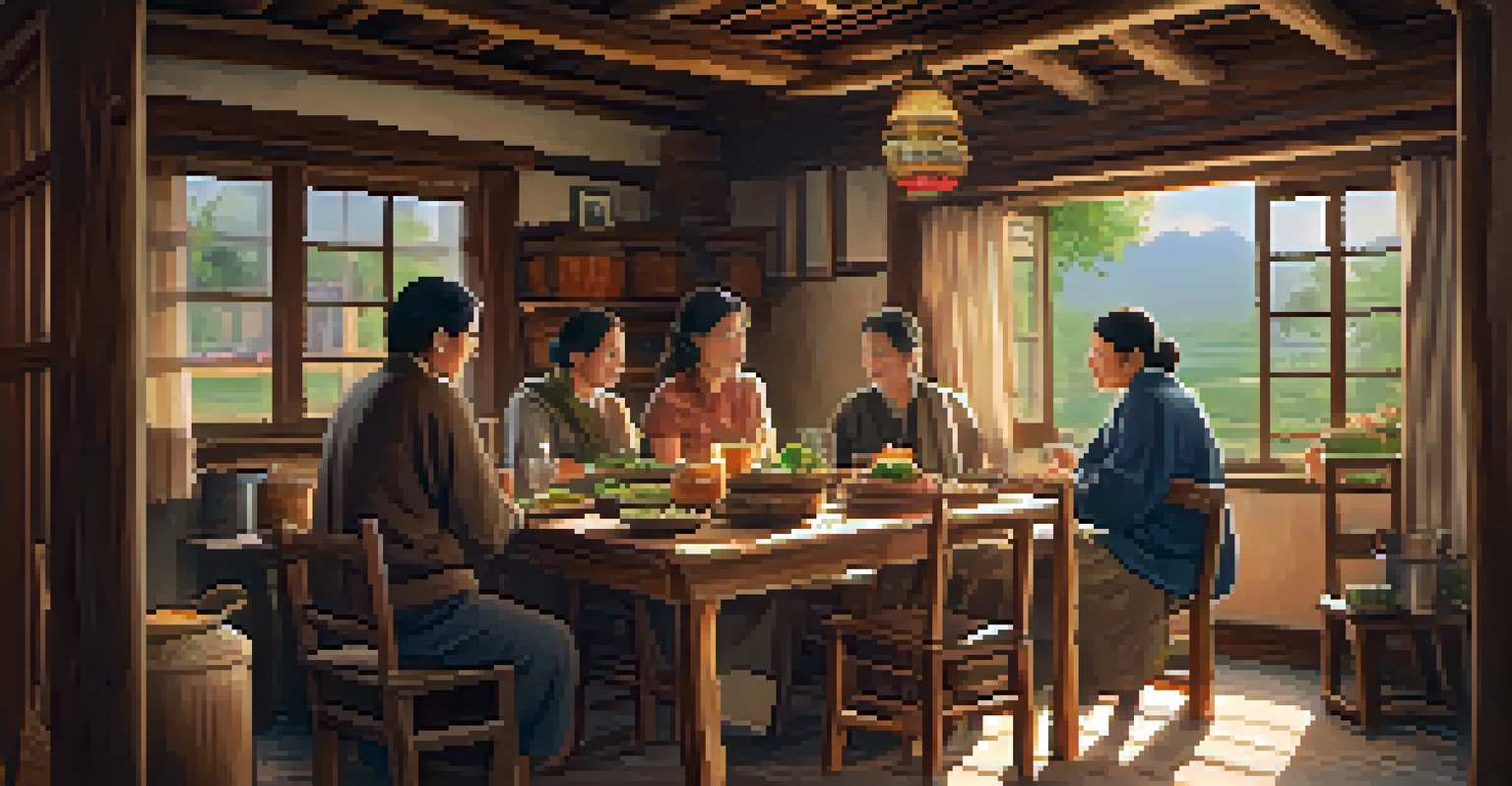A warm wooden interior of a village homestay with local crafts and a family sharing a traditional meal.