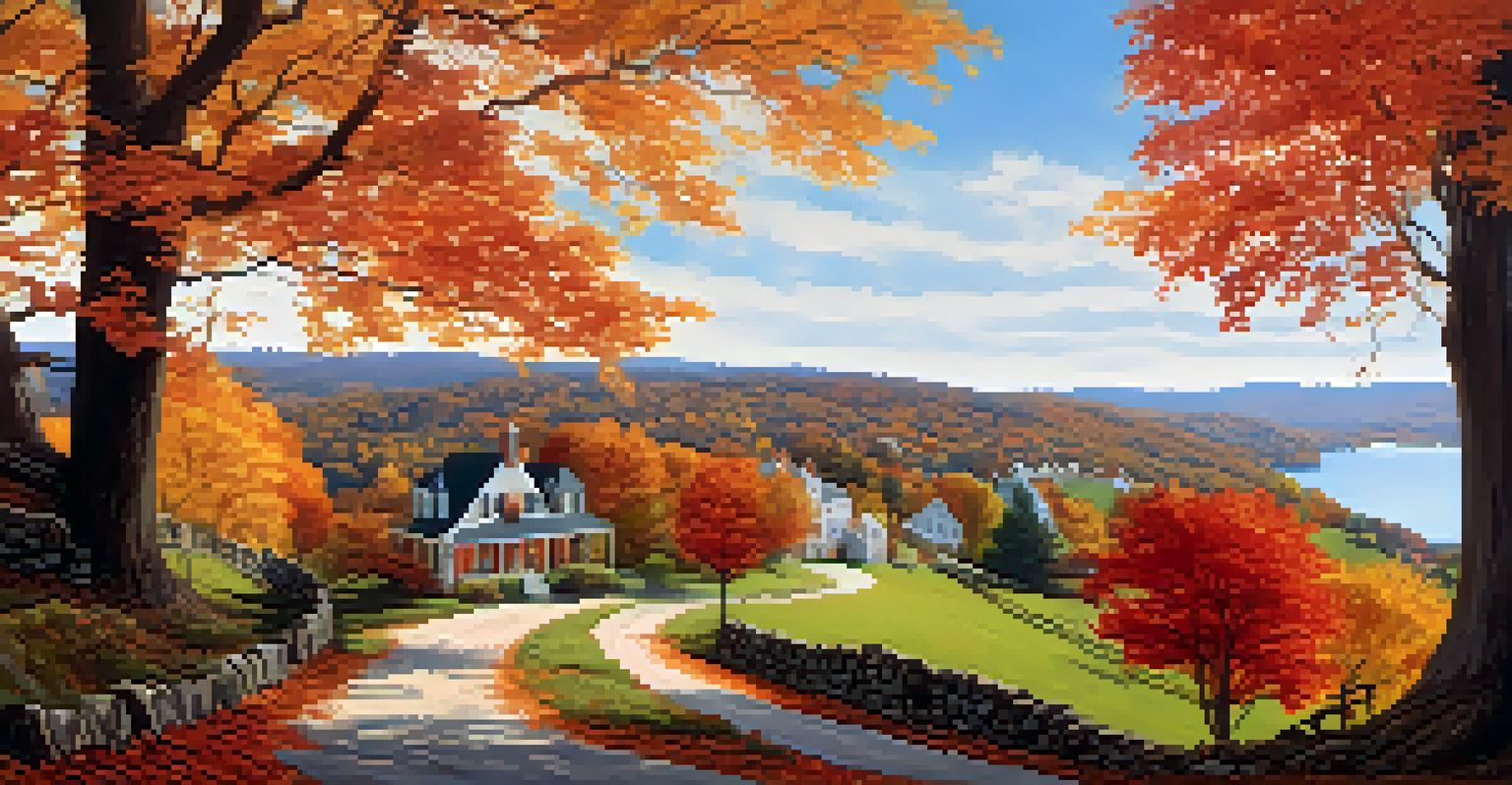 A vibrant autumn view of Sleepy Hollow with colorful foliage, a winding path, and a historic farmhouse against rolling hills.