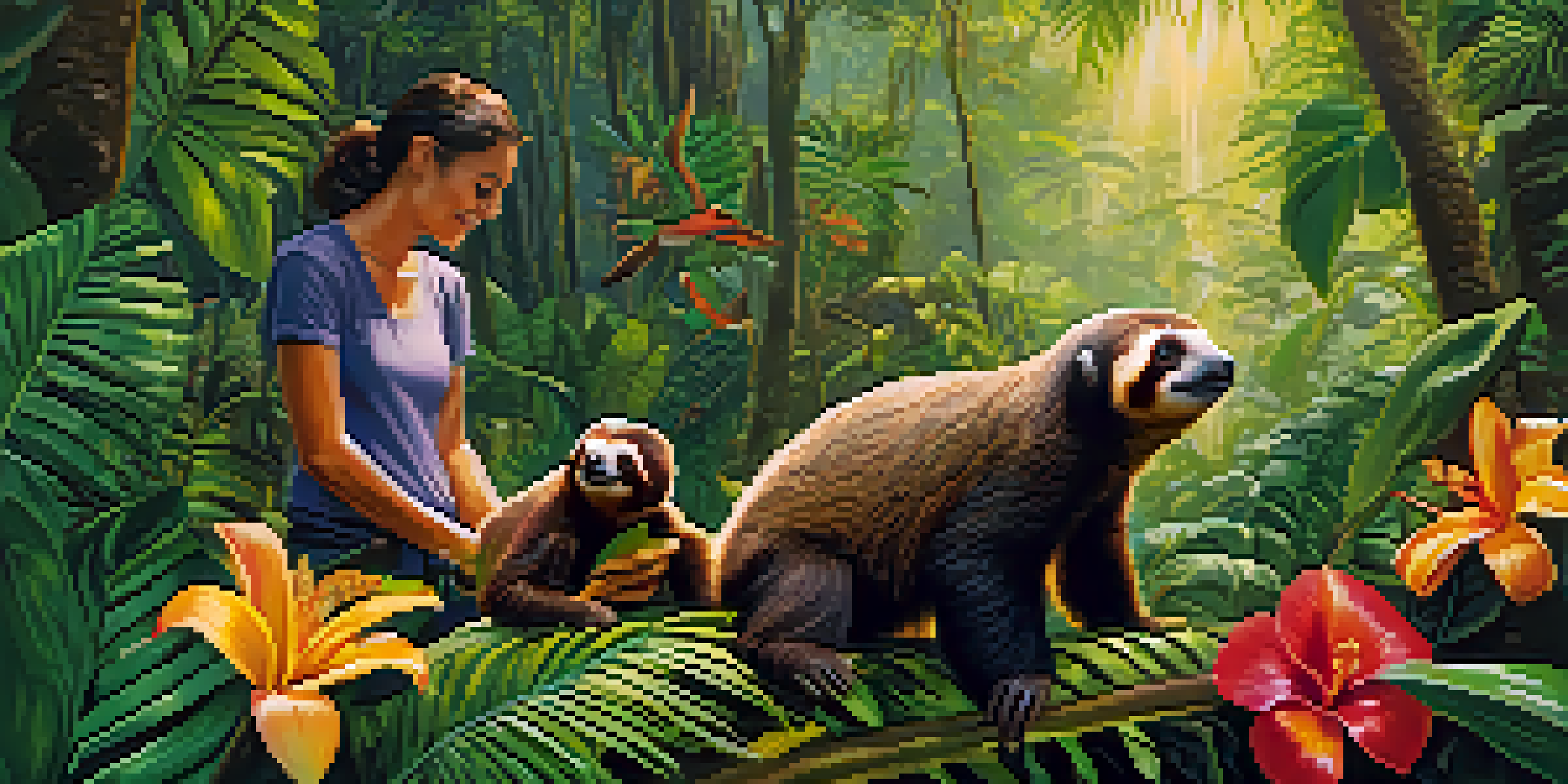 A group of volunteers caring for a baby sloth in the lush rainforests of Costa Rica, surrounded by vibrant greenery and flowers.