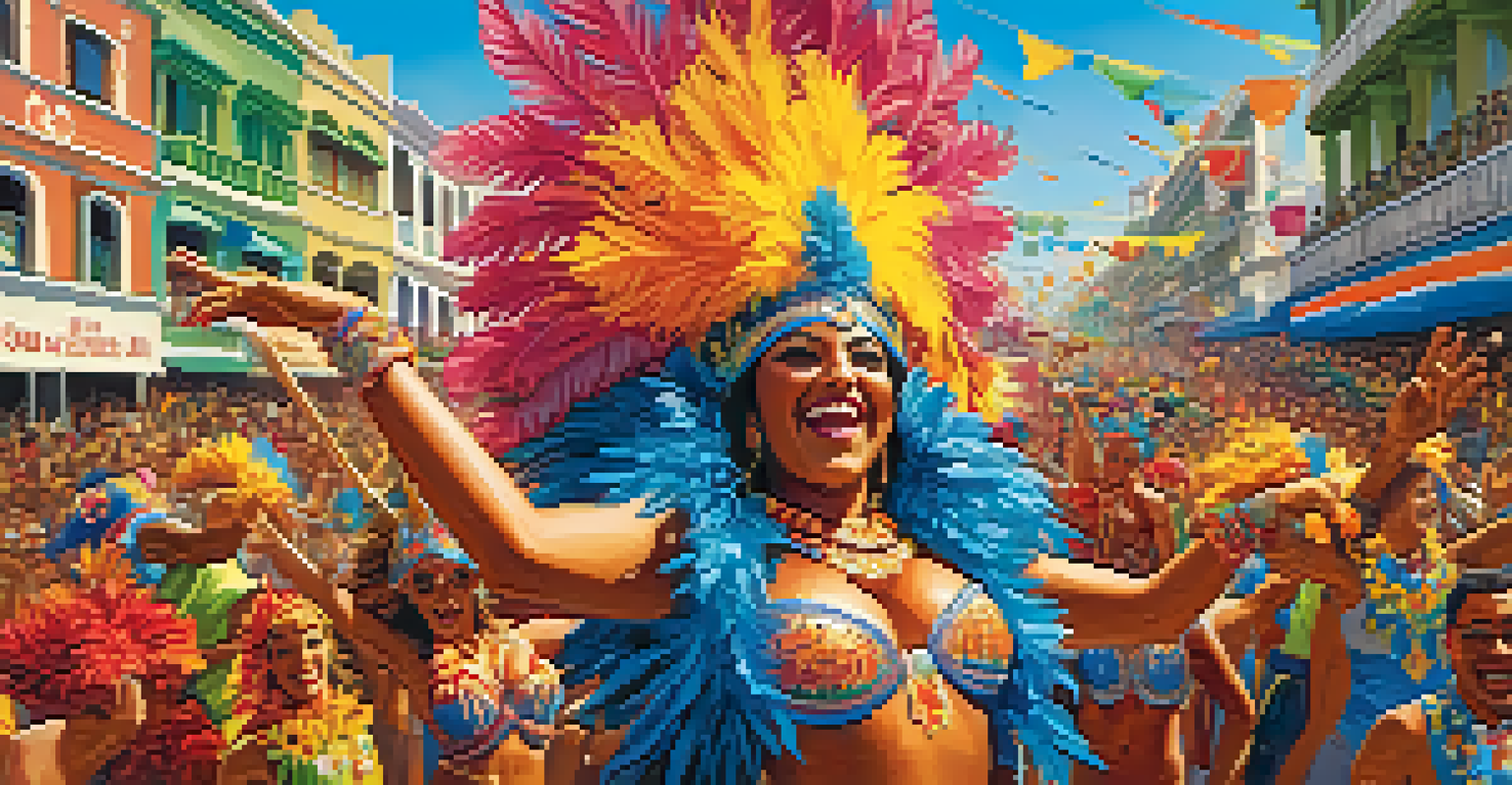 Dancers in colorful costumes at a samba parade during Carnival in Brazil, with vibrant floats and a lively crowd.
