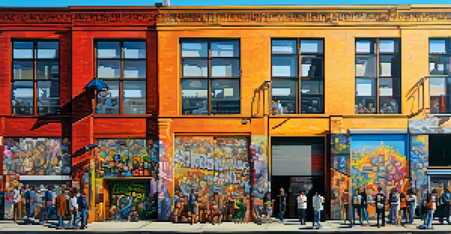A colorful street art scene in Bushwick, showcasing vibrant graffiti murals with people admiring the artwork.