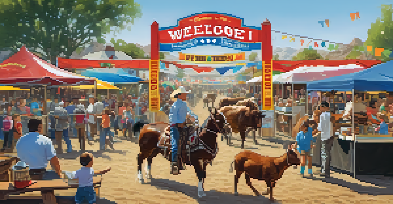 Children at a petting zoo during a rodeo, surrounded by families and colorful vendor stalls.