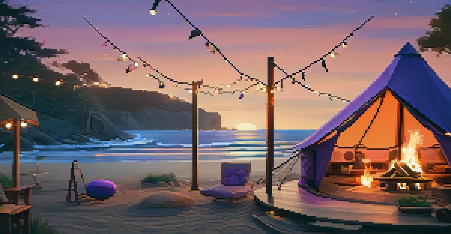 A glamping site by the beach with a safari tent and a fire pit at sunset.