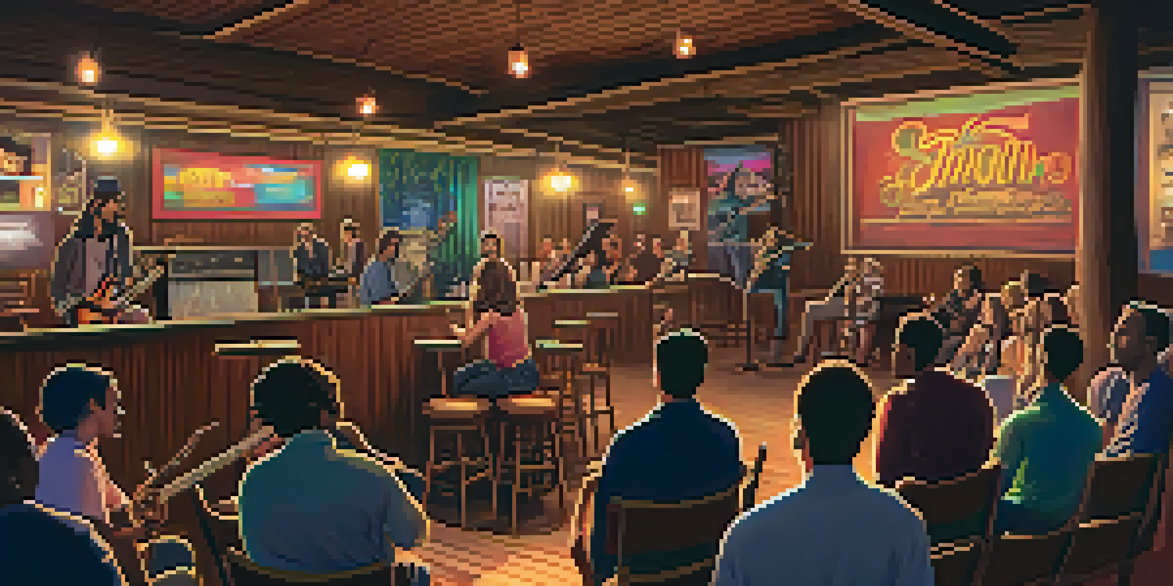 A lively image of a cozy local music venue with a band performing on stage and an engaged audience, surrounded by warm lighting and vintage decor.