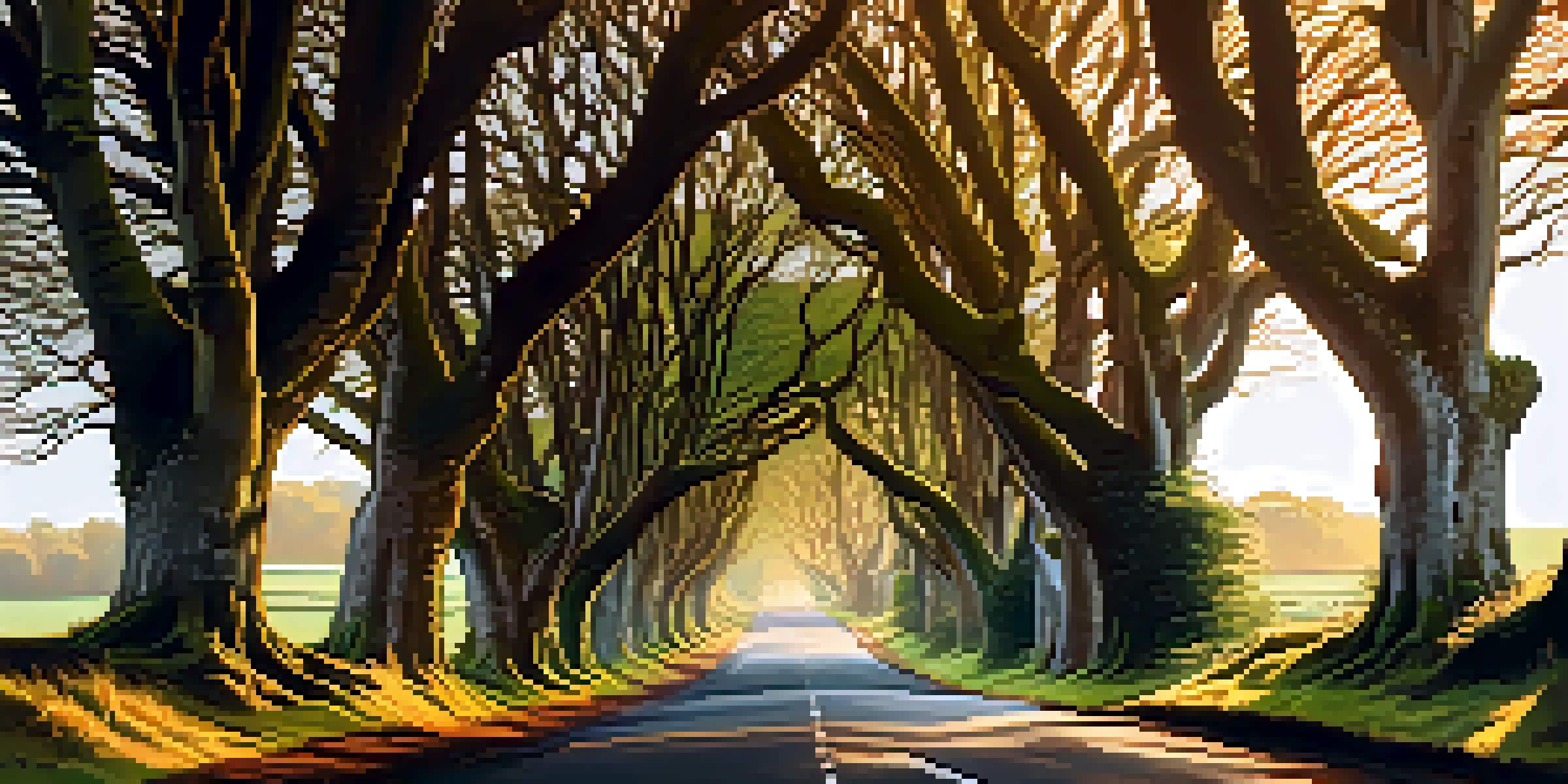 A scenic view of the Dark Hedges in Northern Ireland with beech trees arching over a road, illuminated by warm sunlight during golden hour.