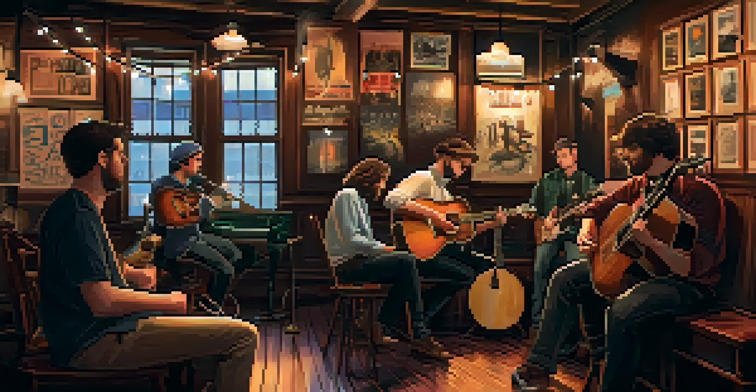 A small, cozy venue with a band playing acoustic music and an engaged audience enjoying the performance.