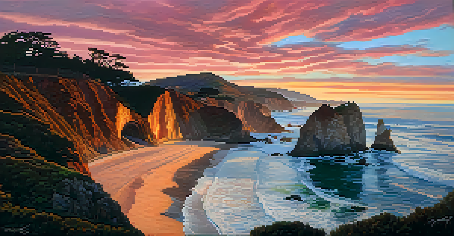 A scenic view of the Pacific Coast Highway at sunset with cliffs and Bixby Creek Bridge.
