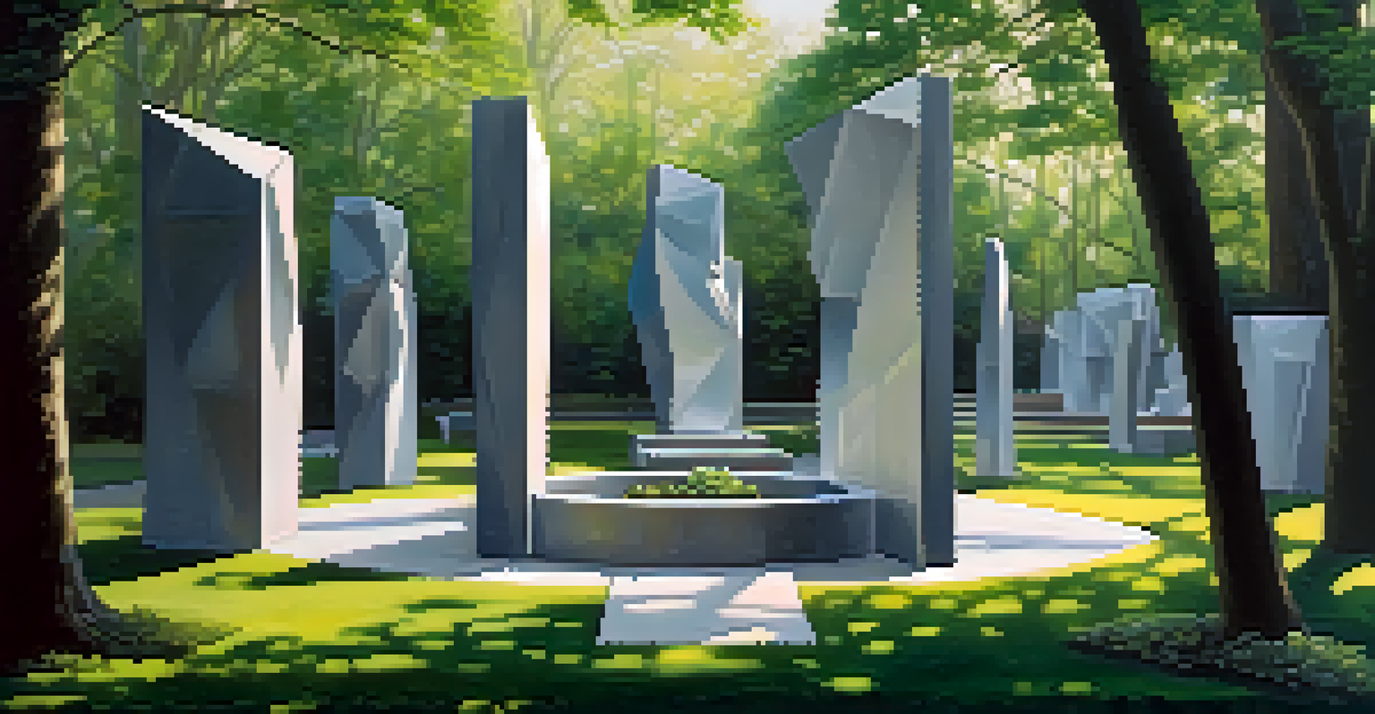 A tranquil Holocaust memorial with abstract sculptures set in a green park, inviting reflection and remembrance.