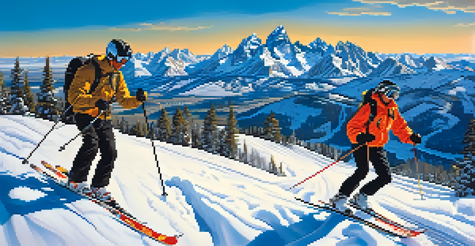 An exhilarating winter scene of Jackson Hole, Wyoming, with skiers on steep terrain and the Teton Range in the background, under a clear blue sky.