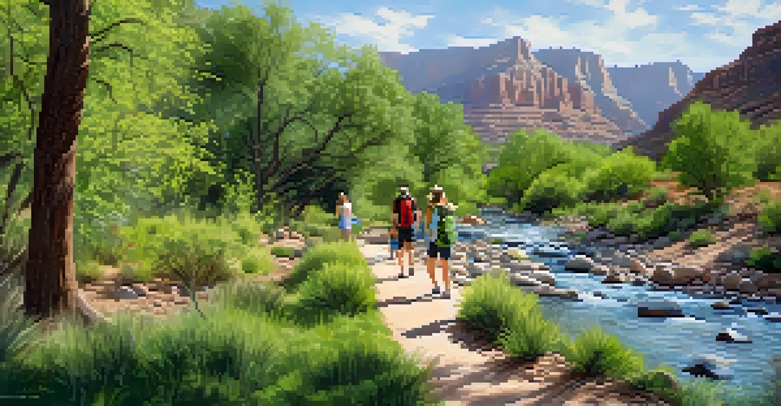 A family hiking along the Riverside Walk beside the Virgin River, with lush greenery surrounding the path and children enjoying the scenery.