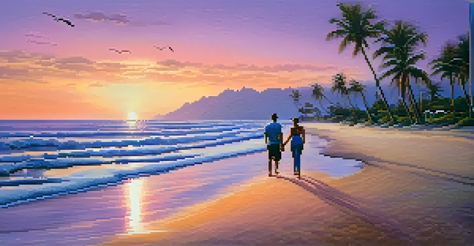 A picturesque beach at sunset with a couple walking along the shore and palm trees in the background.
