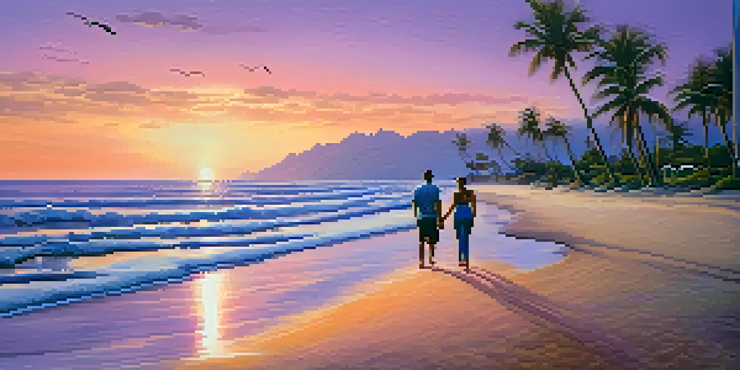 A picturesque beach at sunset with a couple walking along the shore and palm trees in the background.