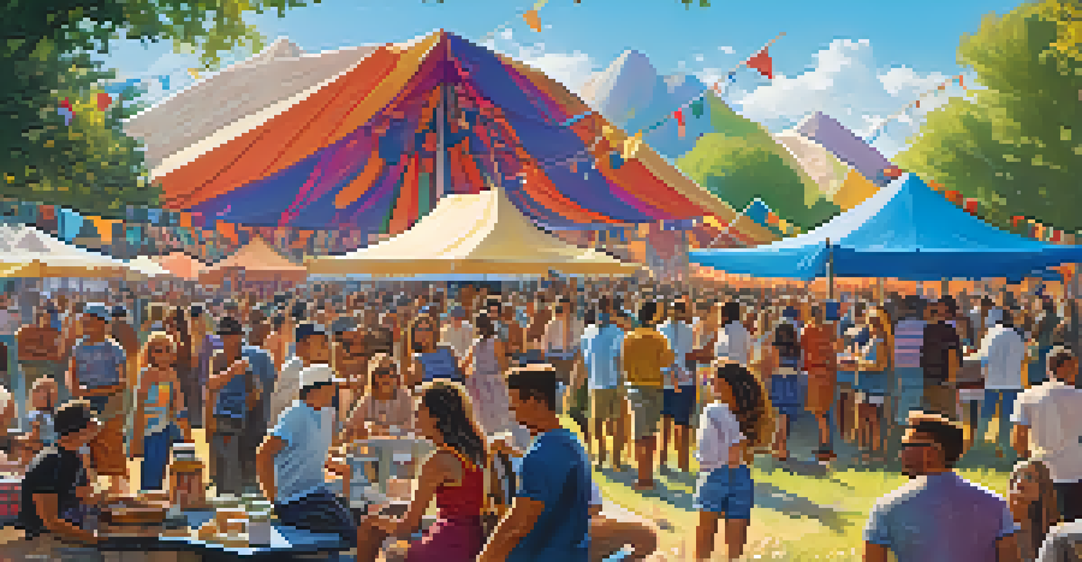 A lively local music festival in a park with a diverse crowd enjoying performances and regional crafts.