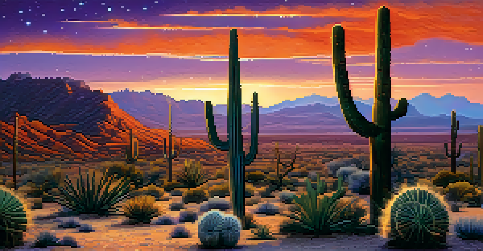 A desert landscape at sunset with silhouetted cacti, vibrant sky colors, and distant mountains under a starry twilight.