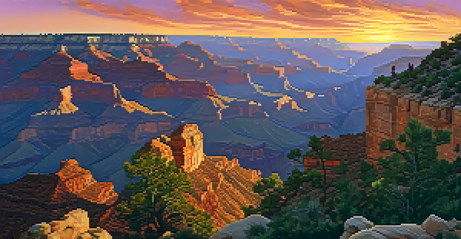 A summer sunset over the Grand Canyon with hikers silhouetted against the vibrant sky.