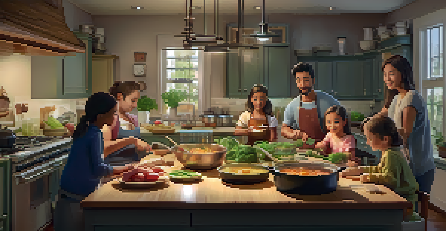 A family cooking together in a cozy kitchen, with members of different ages preparing a meal around the kitchen island.