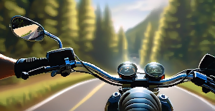 A close-up of a rider's hands on motorcycle handlebars, with a blurred forested mountain road in the background.