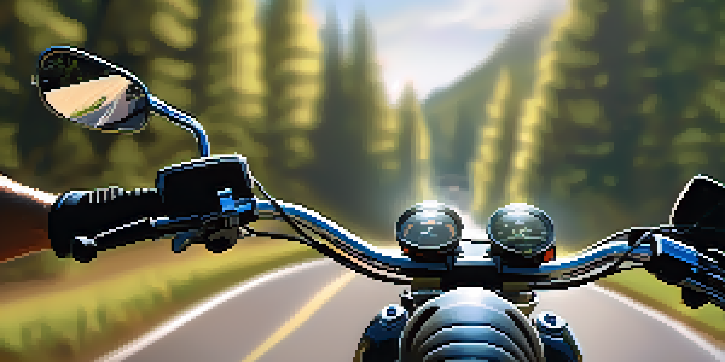 A close-up of a rider's hands on motorcycle handlebars, with a blurred forested mountain road in the background.