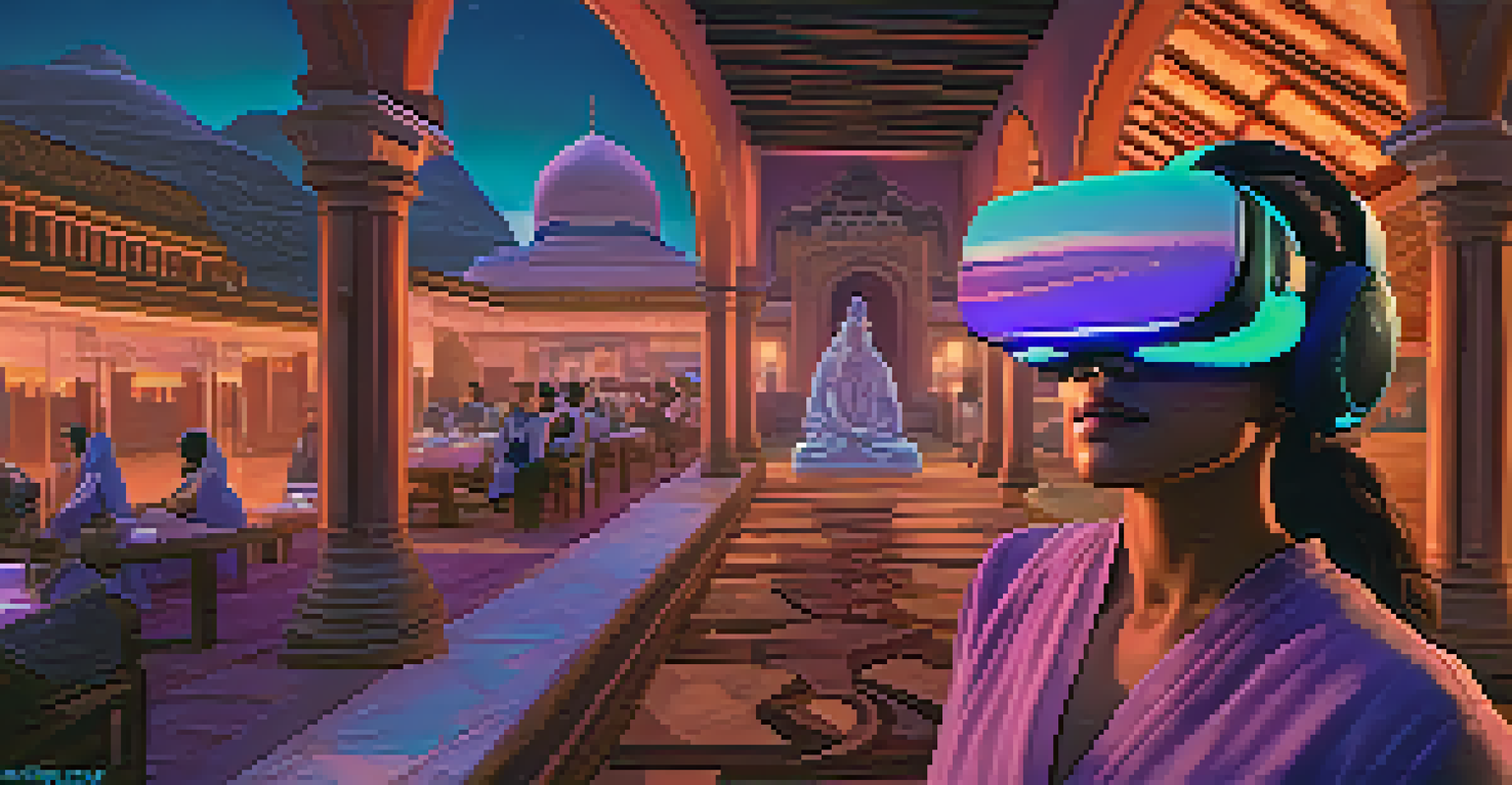 A traveler using a virtual reality headset to engage with cultural storytelling, surrounded by cultural elements.