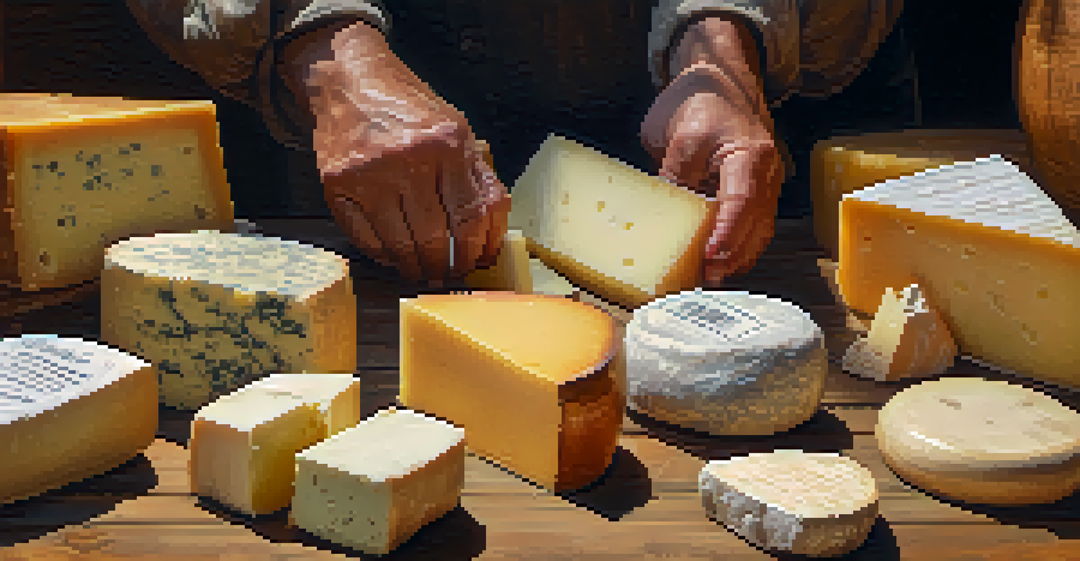 Close-up of a vendor's hands displaying handmade cheeses on a rustic table, highlighting the textures and labels of the cheeses.