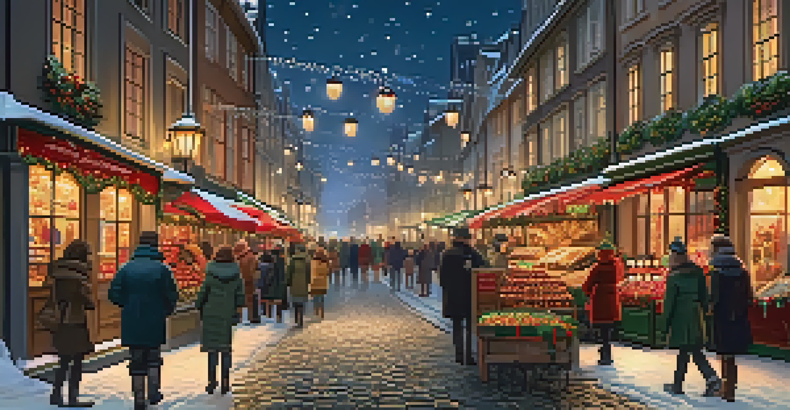 A picturesque European street in winter, illuminated with lights and bustling with people enjoying a Christmas market.