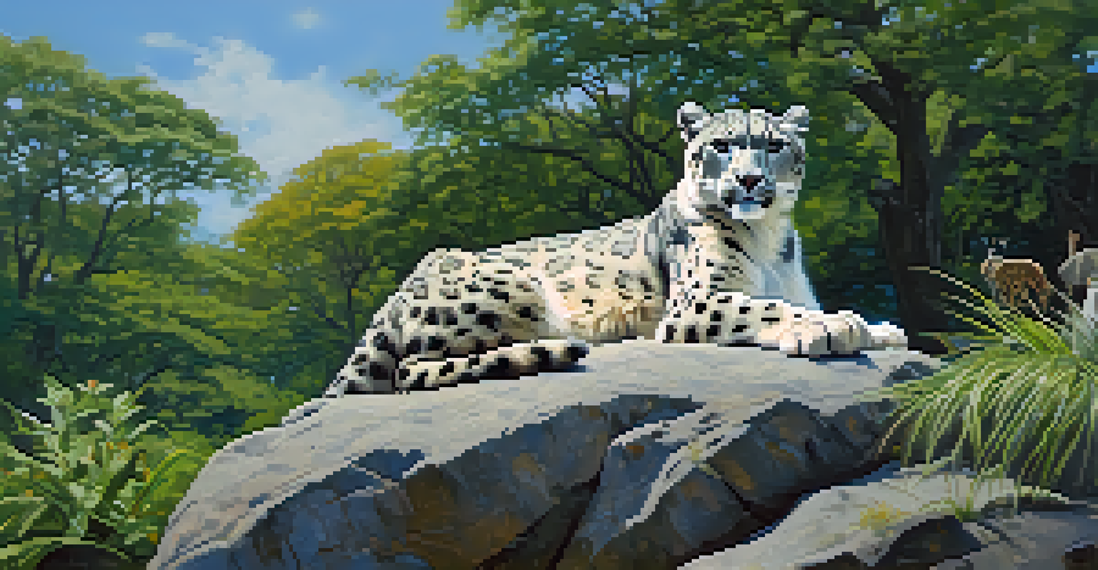 A snow leopard on a rock in the Bronx Zoo's African Plains exhibit, with animals grazing in the background and a clear blue sky.