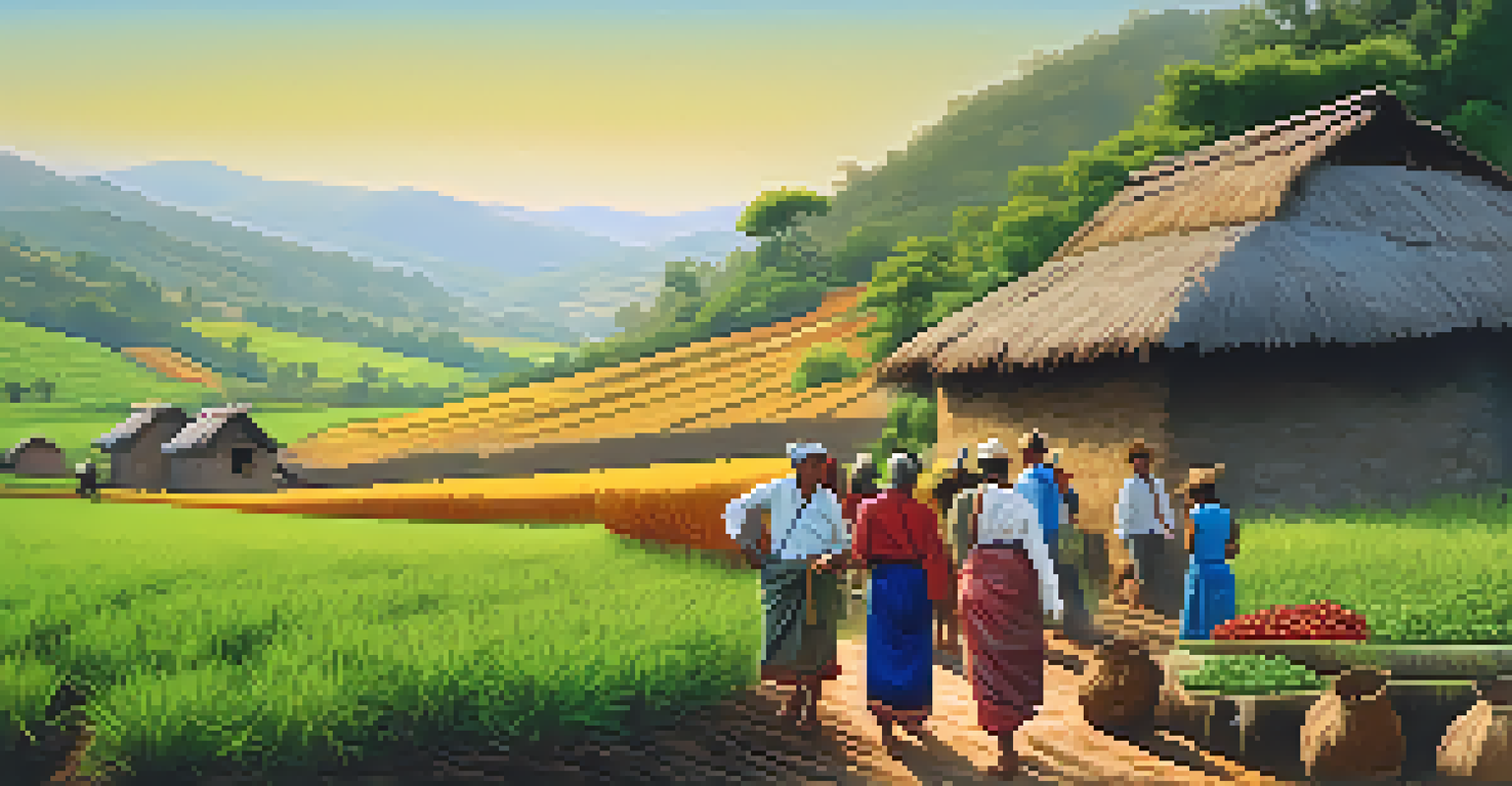An ecotourist interacting with local villagers while participating in traditional farming, surrounded by green hills and a blue sky.