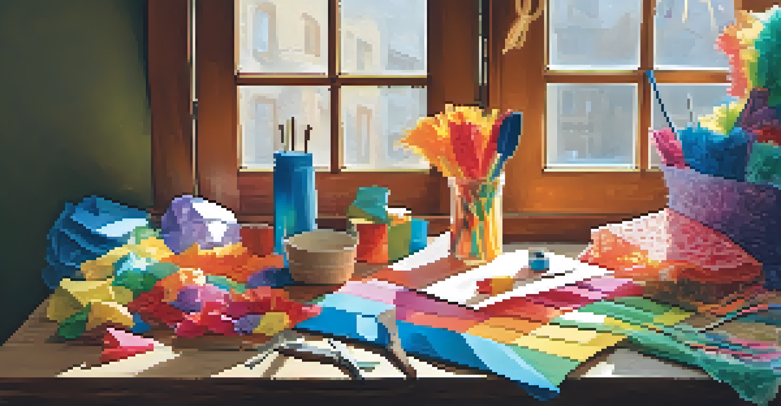 A creative workspace with crafting materials for making a piñata, including cardboard, tissue paper, and glue, illuminated by natural light.