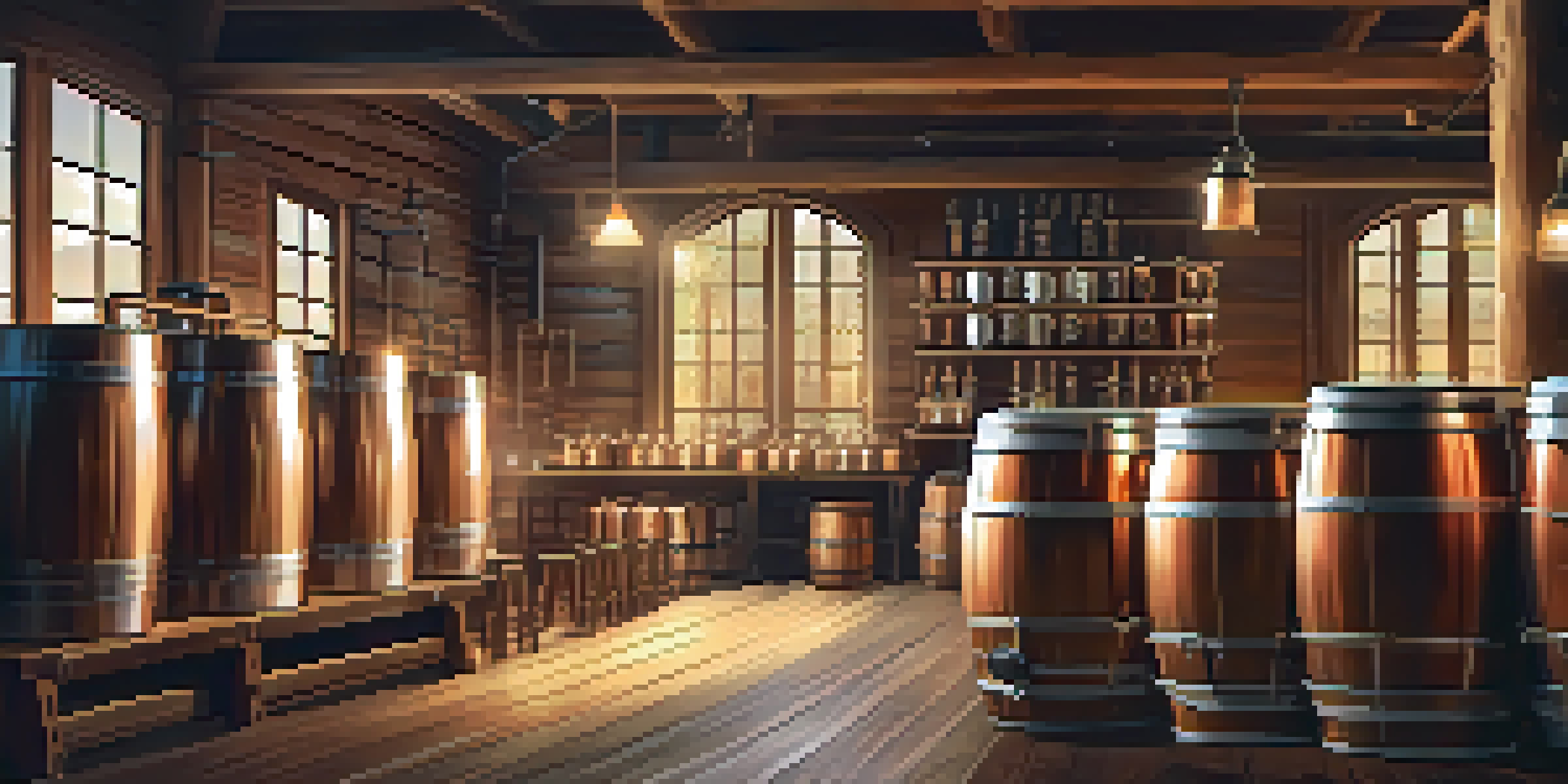 A craft beer brewing setup with wooden barrels, copper kettles, and containers of brewing ingredients.