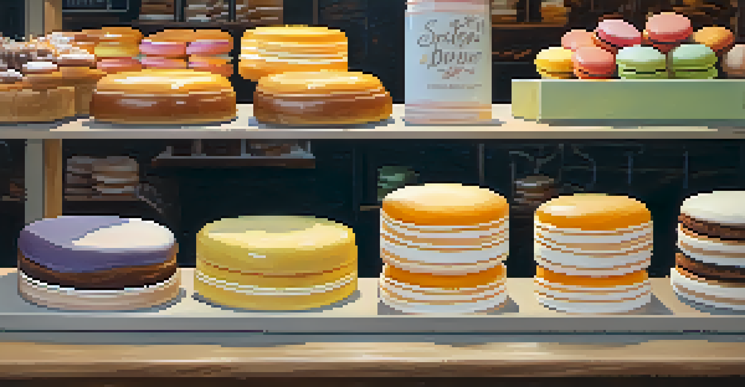 A bakery display in West Village with various artisanal pastries and desserts, arranged on wooden shelves with soft lighting.