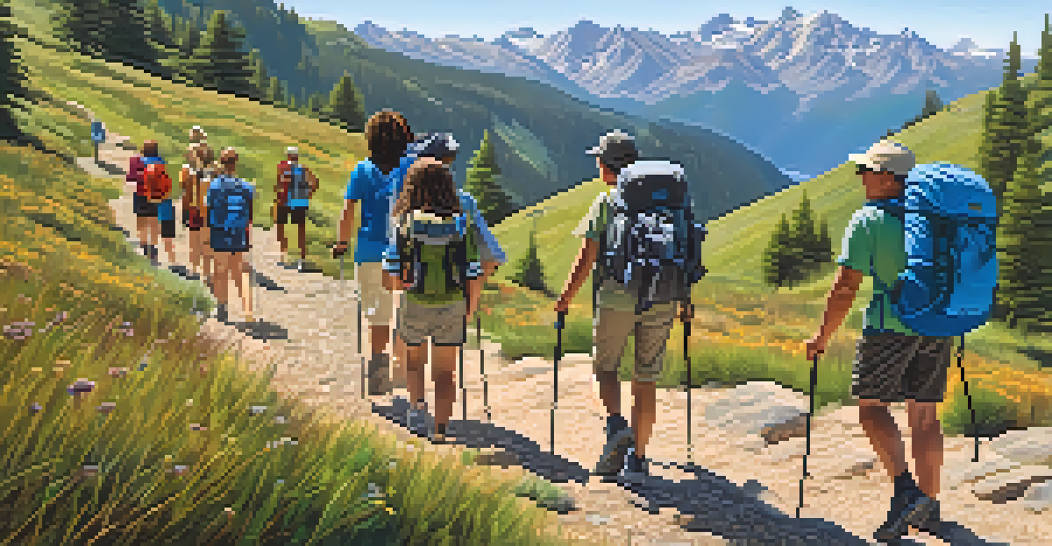 A diverse group of hikers smiling on a mountain trail, enjoying the view of distant mountains and carrying backpacks.