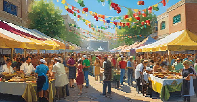 A lively culinary festival with colorful booths, diverse people enjoying food, and chefs showcasing cooking techniques in a sunny atmosphere.