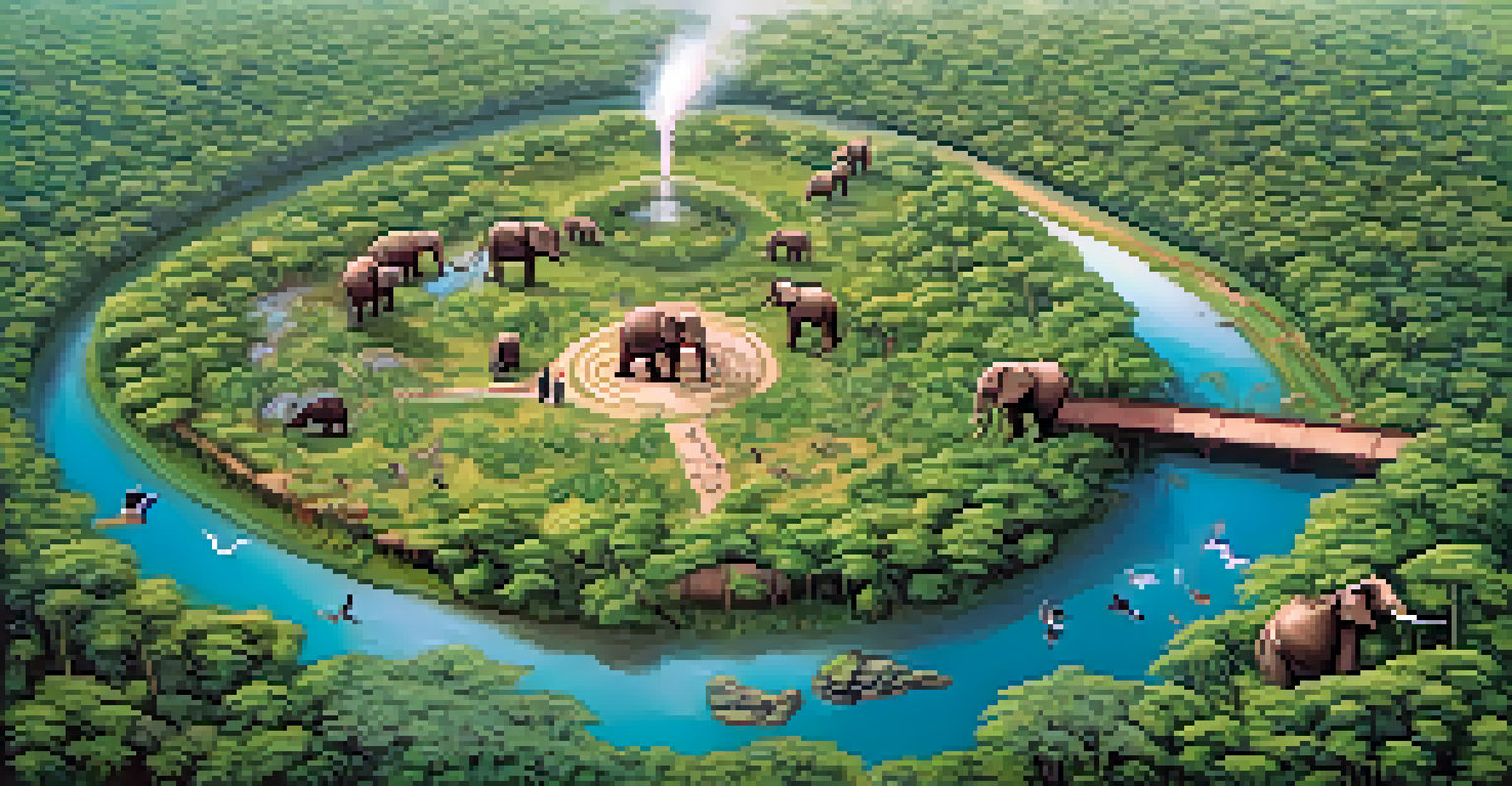 Aerial view of a wildlife sanctuary with animals and people engaging in ecotourism activities.