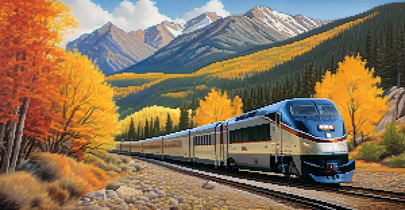 A train traveling through Rocky Mountains with colorful autumn foliage and rugged peaks under a blue sky.