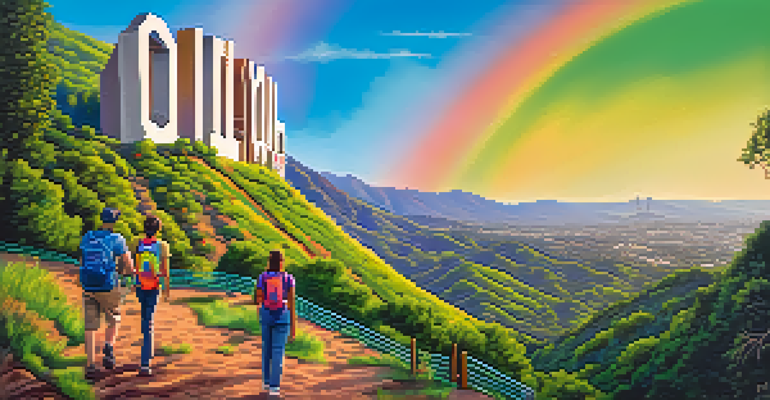 The Hollywood Sign glowing in rainbow colors with people on a hiking trail and green hills in the background.