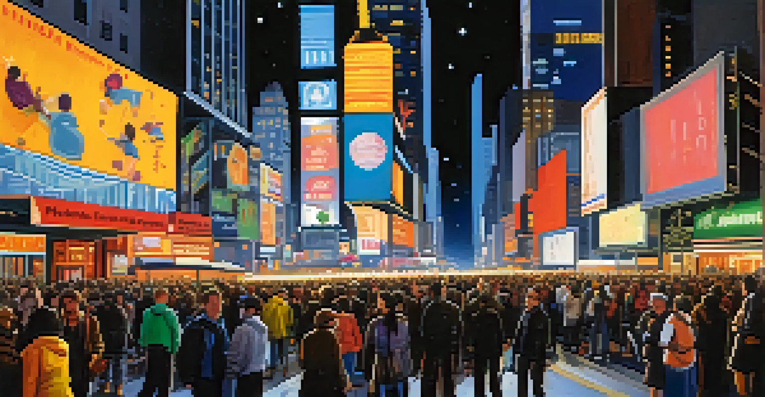 A vibrant nighttime view of Times Square in New York City filled with people and bright neon lights.