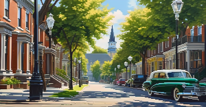 A charming Victorian street with colorful houses, sunlight illuminating the details and a couple walking.