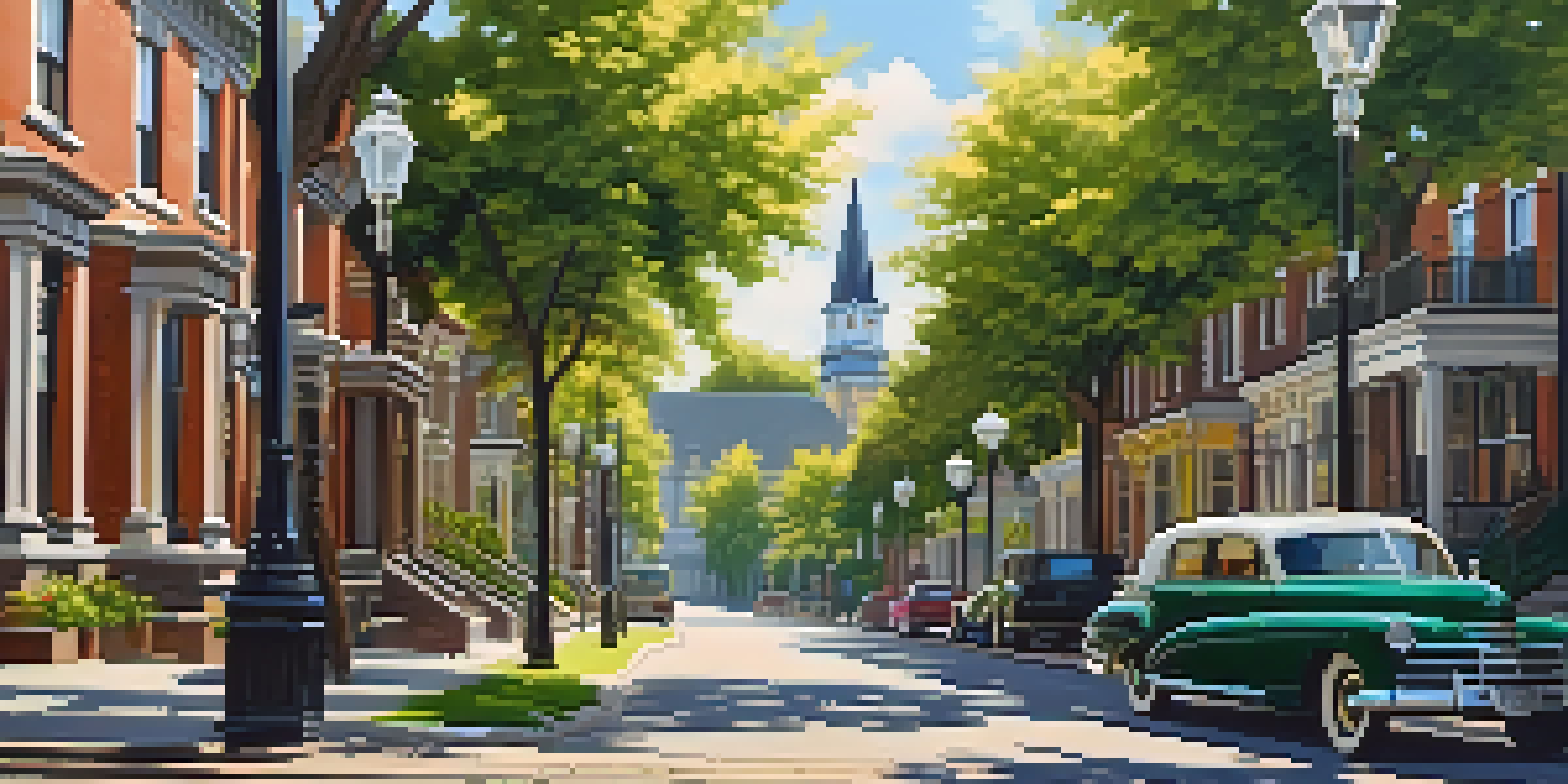 A charming Victorian street with colorful houses, sunlight illuminating the details and a couple walking.